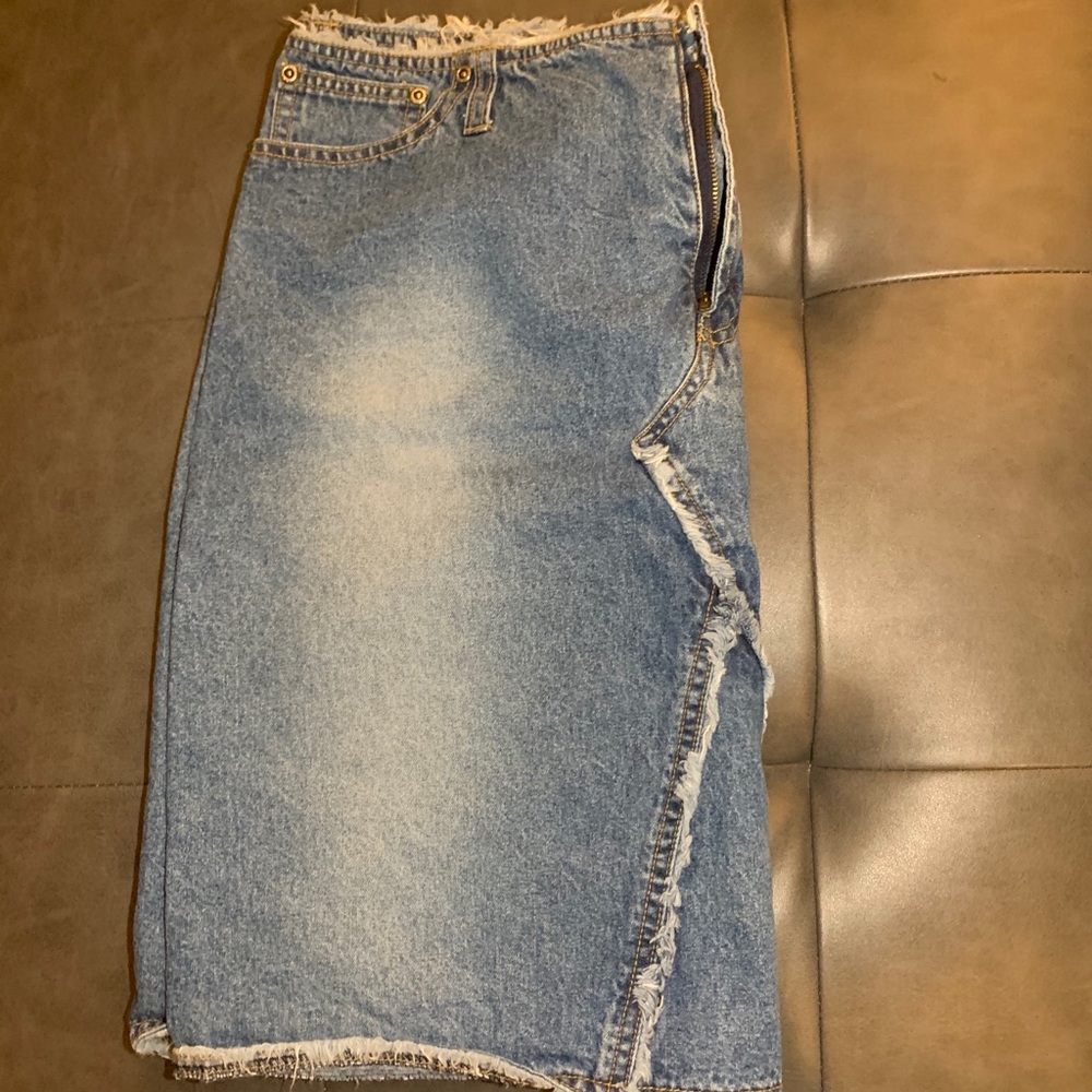 Distressed Blue Jean Skirt with Rough Hem Detail